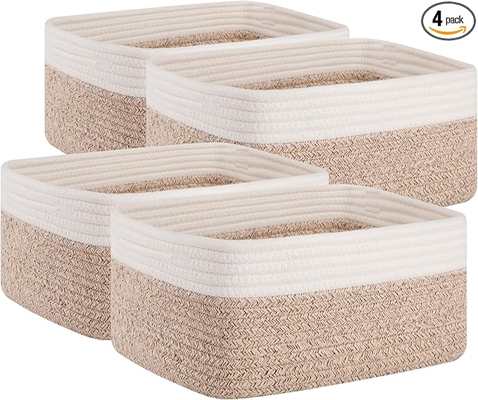 OIAHOMY 4 Pack Storage Baskets for Organizing, Small Bins for Shelves, Cute Decorative Storage Bins, Organizer Baskets for Gifts Empty, 13.8''Lx9.8''Wx5.5''H, Brown/White