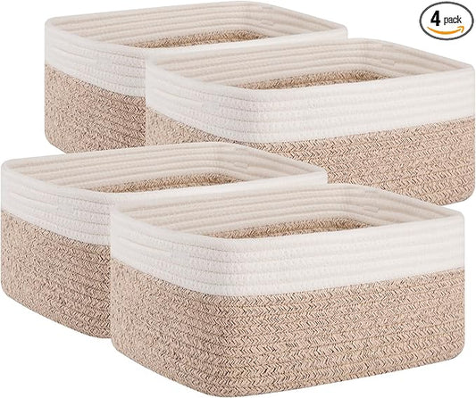 OIAHOMY 4 Pack Storage Baskets for Organizing, Small Bins for Shelves, Cute Decorative Storage Bins, Organizer Baskets for Gifts Empty, 13.8''Lx9.8''Wx5.5''H, Brown/White