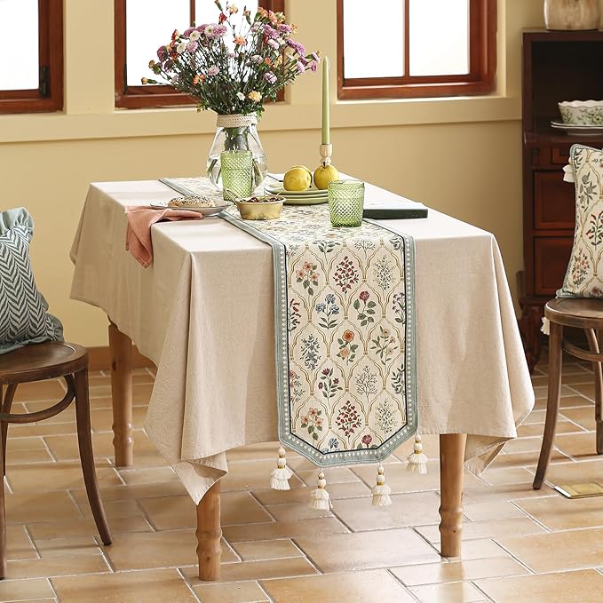 ISAENNE Designer Vintage Elegant Linen Table Runner 87 Inches Long,Colorful Wildflower Pattern Runner,Decor Table Runners for Dining Tables,Thanksgiving,Christmas,Banquet,12"*87"-Serenity B