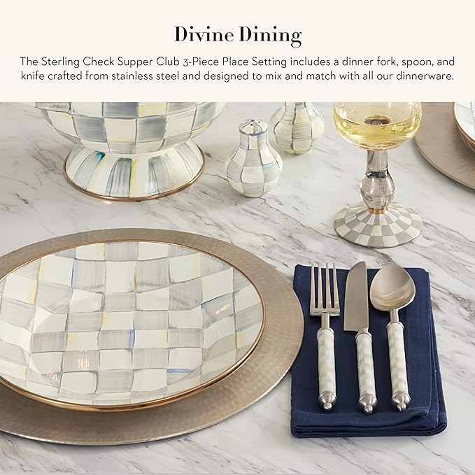 MACKENZIE-CHILDS Supper Club 3-Piece Place Setting, Fork, Spoon, and Knife Dinner Flatware Set, Gray-and-White Sterling Check