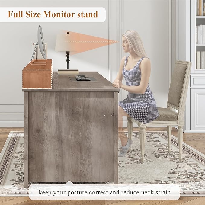 SEDETA Farmhouse 63" Executive Desk, Wood Computer Desk with Drawers and Storage Cabinet, Home Office Desk with File Drawer and Monitor Stand, Wood Desk for Work Study Writing, Grey