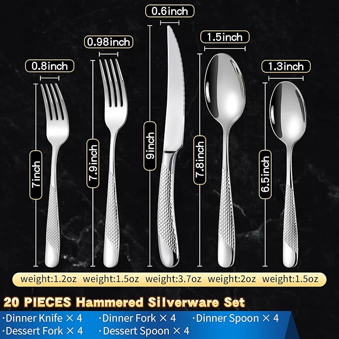 Lemeya 20-Piece Hammered Silverware Set for 4 with Serrated Forging Knives,18/10 Stainless Steel Modern Flatware Set,Unique Cutlery Set Spoons and Forks Set,Mirror Polished,Dishwasher Safe