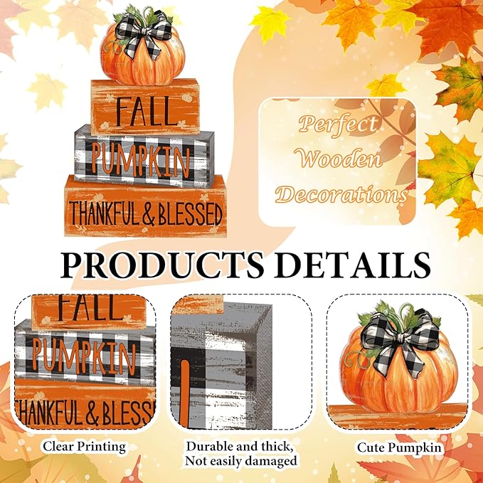 4 Pcs Fall Decor for Home Buffalo Plaid Pumpkin Wooden Signs with Blessed Autumn Tiered Tray Decor Grid Pumpkin Tabletop Centerpiece Fall Block Signs for Thanksgiving Office Kitchen Shelf