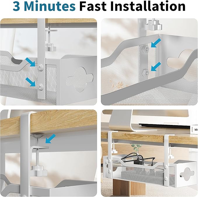 Under Desk Cable Management Tray White, Litwaro Cable Management Under Desk No Drill, Cable Organizer with Clamp for Wire Management, Cord Organizer for Office, Home No Damage to Desk