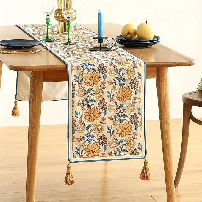 ISAENNE Designer Bohemian Elegant Linen Table Runner 102 Inches Long,Floral Pattern Duable Decor Table Runners for Dining Tables,Thanksgiving,Kitchen Tables,Christmas,12"*102"-Estevan B