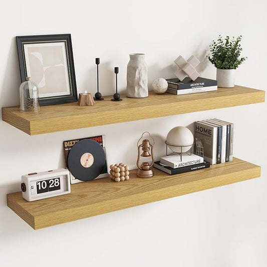 Floating Shelves for Wall with Invisible Brackets, Wall Mounted Engineered Wood Shelves with Wood Grain for Living Room, Bedroom, Bathroom, Kitchen Decor and Storage, Oak, 55"L Set of 2, Oak