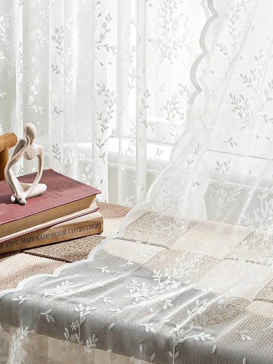 Sheer Lace Curtains 96 Inches Long, Vintage Floral Light Filtering Ivory Lace Curtains for Living Room & Bedroom, Rod Pocket, 2 Panels Set, Sprig Pattern (Ivory, 52" W x 96" L)