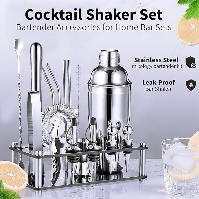 18-Piece Professional Cocktail Shaker Set and Bartender Kit with Stand, Stainless Steel Bar Tools Gift Set with Muddler, Jigger, Mixing Spoon for Home Bar and Mixology