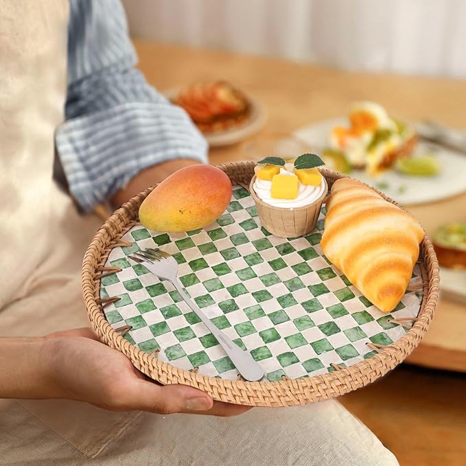 Round Rattan Tray with Mother of Pearl Inlay, Rattan Serving Tray for Coffee, Bread, Fruits, Decorative Wicker Tray for Table Decor, Home Decor, Kitchen Island Decor(Green Checkerboard, 11.8")