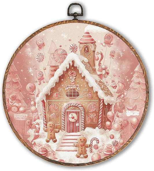 Hxlac Gingerbread House Christmas Round Wall Art Framed, Cottagecore Winter Christmas Round Wall Decor, Gingerbread Winter Hanging Canvas Prints Wall Sculptures for Home Living Room Decor, 10x10 Inch