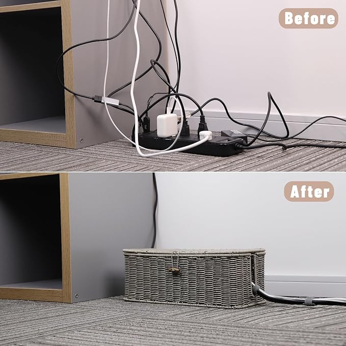 BROWNLILY Cable Management Box, Rattan Style Cord Organizer for Desk Cord Hider Outlet Covers Baby Proofing for Power Strip TV PC Router Charger Under Desk Storage with Lockable Lid and Cable Ties