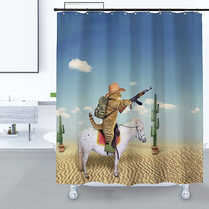 Domoku Cat Shower Curtain Cute Funny Western Shower Curtain Cowboy Cat Riding Horse in The Desert Bathroom Shower Curtains Polyester Fabric Waterproof with 12Hooks 72 * 72inch/180cm*180cm