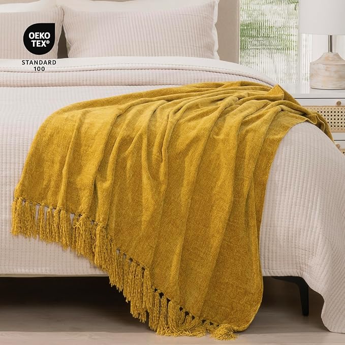 RECYCO Throw Blanket Soft Cozy Chenille Throw Blanket with Fringe Tassel for Couch Sofa Chair Bed Living Room Gift (Mustard Yellow, 60'' x 80'')