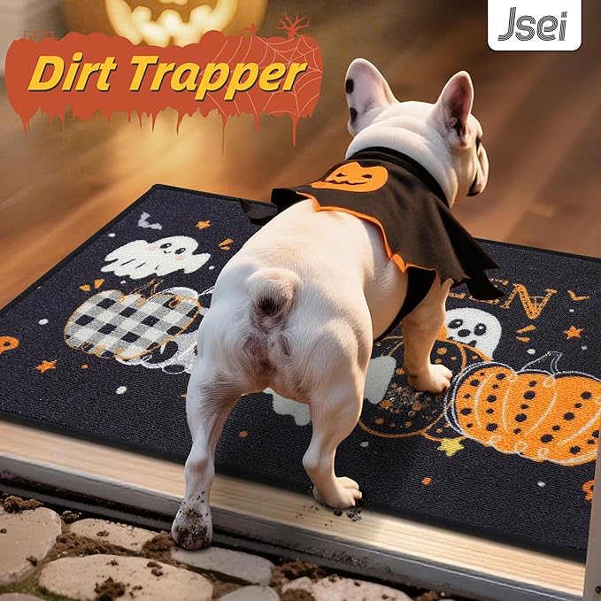 JSEI Halloween Holiday Doormat, 17''x30'' Non-Slip Ghost and Pumpkins Decorative Welcome Mats for Floor, Low-Profile Entryway Rugs Washable, Pumpkins Party Pattern