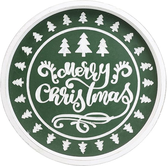 Christmas Wood Decorative Ottoman Tray for Coffee Table Kitchen Counter, Living Room, Round Handcrafted Green Wooden Serving Tray for Table Centerpiece