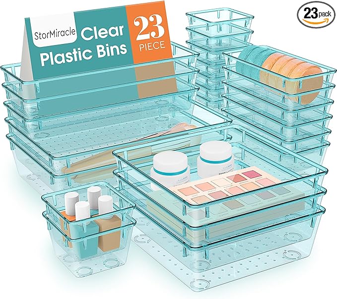 23 PCS Drawer Organizer Set, 5 Varied Size Bathroom and kitchen Drawer cabinet organizer Trays, Clear Storage Bins for Makeup, Jewelry, Utensils and Gadgets