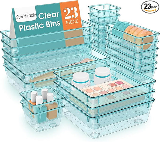 23 PCS Drawer Organizer Set, 5 Varied Size Bathroom and kitchen Drawer cabinet organizer Trays, Clear Storage Bins for Makeup, Jewelry, Utensils and Gadgets