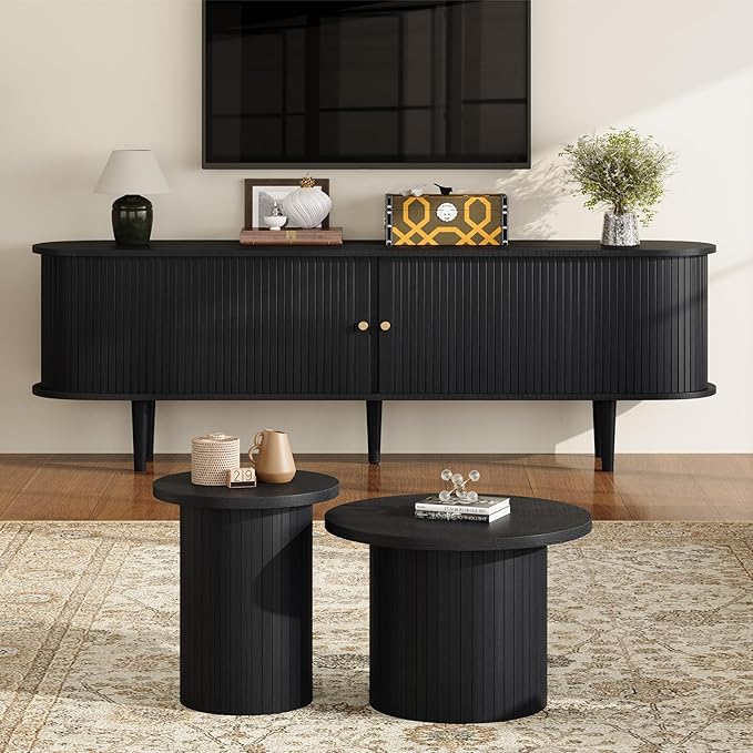 Nesting Coffee Table Set of 2, Mid Century Modern Round Coffee Table, Wood Slat Side Table Set for Living Room, Office, Balcony, Textured Black