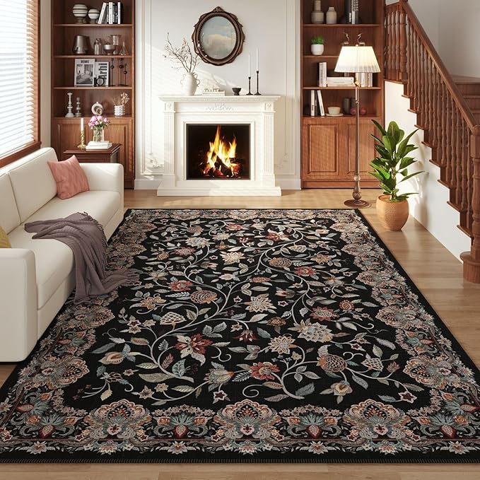 Rugcomf Vintage Paisley Rugs for Living Room 8'x10' - Machine Washable Area Rug, Non-Slip Low Pile Large Floral Carpet for Bedroom, Dining Room, Farmhouse, Office, Kids Playroom - Black