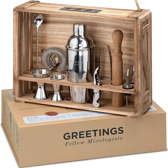 Cocktail Mixology Bartender Kit with Rustic Wood Stand - 11 Piece Bartender Bar Tool Set Cocktail Drink Mixer Shaker Set for Memorable Drink Mixing Bar Kit Experiences - Barware Set Bartending Kit