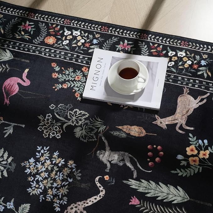 Rugcomf Runner Rug for Kitchen Rug Non Slip 2'x6' Washable Rugs with Rubber Backing Soft Floral Animal Carpet Runner for Kitchen, Laundry, Bedroom, Bathroom (Black)