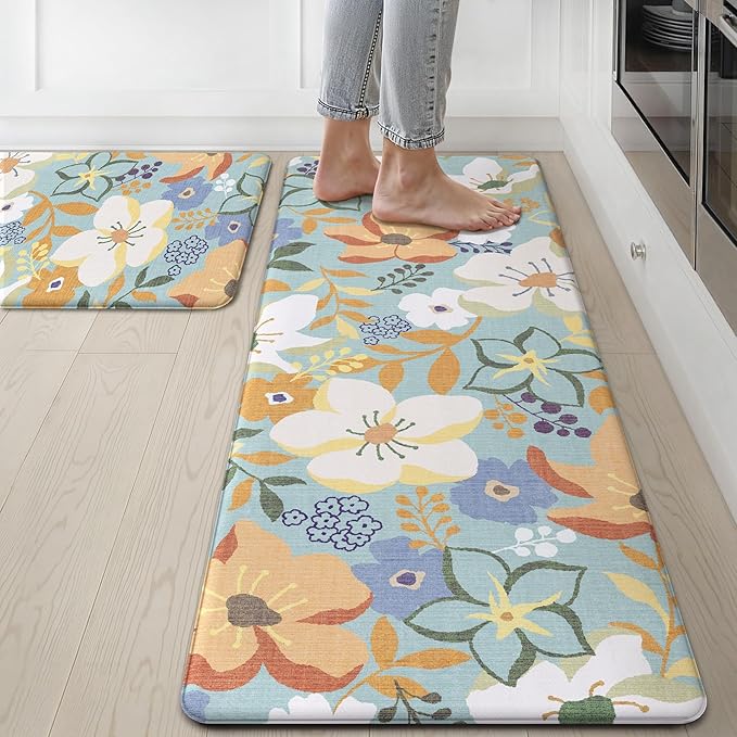 GENIMO Kitchen Mats for Floor 2PCS, Cushioned Kitchen Rugs Non Slip Washable, Farmhouse Anti Fatigue Mat Waterproof, Comfort Standing Mat Rug for Office, Home, Laundry, 17.3"x47"+17.3"x30", Aqua