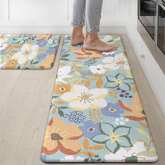 GENIMO Kitchen Mats for Floor 2PCS, Cushioned Kitchen Rugs Non Slip Washable, Farmhouse Anti Fatigue Mat Waterproof, Comfort Standing Mat Rug for Office, Home, Laundry, 17.3"x47"+17.3"x30", Aqua