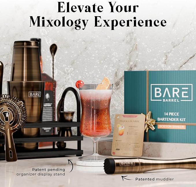 BARE BARREL® Mixology Bartender Kit Bar Set | 14-Piece Cocktail Shaker Set | Martini Barware Mixing Tools for Home Bartending | 35 Recipe Cards | Gift Set (28oz Boston Shaker, Brass/Black)