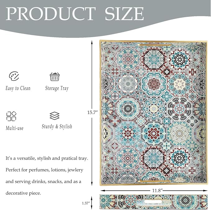 Spsyrine Decorative Serving Tray with Handles, Lacquered Coffee Table Tray for Ottoman, Rectangular Waterproof Platters for Centerpieces, Parties, Living Room, Kitchen Counter Organization SP3040RE2