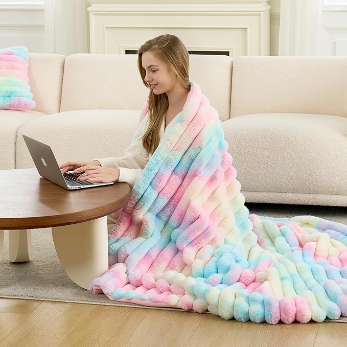 Cozy Bliss Faux Fur Throw Blanket for Couch, Cozy Warm Plush Striped Blanket for Sofa Bedroom Living Room, 60 * 80 Inches Tie-dye Rainbow