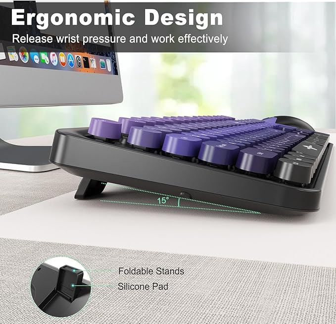 FD Wireless Keyboard and Mouse Combo | Cute Colorful Keyboard and Mouse with 2.4GHz Cordless Retro Typewriter Keyboard | Auto-Sleep | USB Receiver for Windows PC/Laptop - Black Purple Gradient