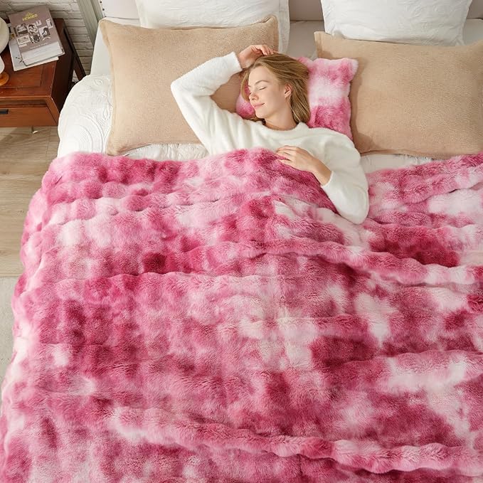 Cozy Bliss Faux Fur Throw Blanket for Couch, Bubble Plush Blanket King Size, Fuzzy Soft & Thick Blanket for Bed Sofa Living Room, 108x90 Inches Tie-dye Pink