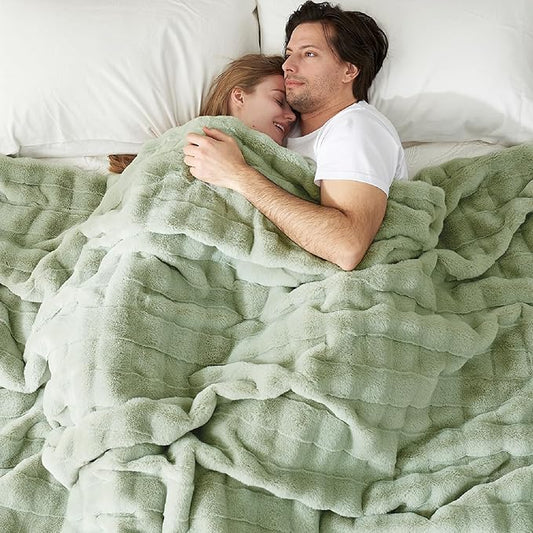 Cozy Bliss Fluffy Faux Fur Blanket Queen Size for Bed, Fuzzy Soft Striped Plush Blanket, Thick Throw for Bedroom Couch Gift, 90x90 Inches Sage Green