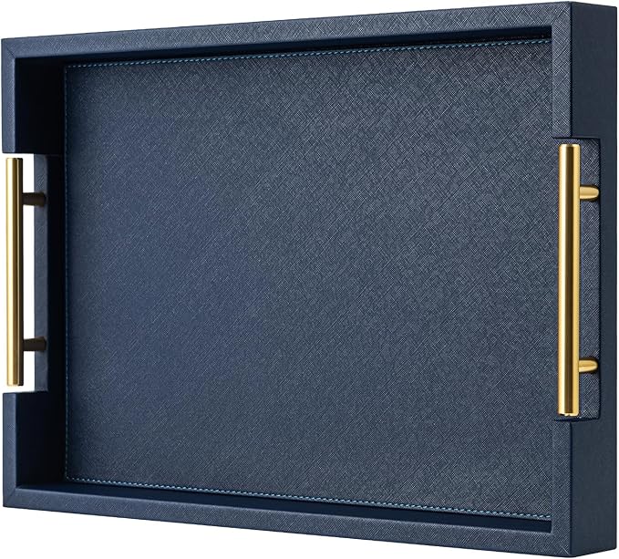 Navy Blue Faux Leather Serving Coffee Tray with Gold Handles,Rectangle Decorative Trays for Home Decor Large Ottoman Tray for Living Room