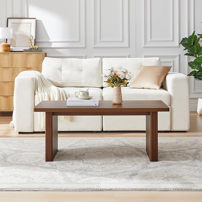 AVZEAR 43Inch Fluted Wooden Coffee Table for Living Room, Mid Century Modern Coffee Table with Sturdy Fluted Legs & Rounded Corner, Curved Rectangle Center Table for Home, Office, Cafe, Walnut