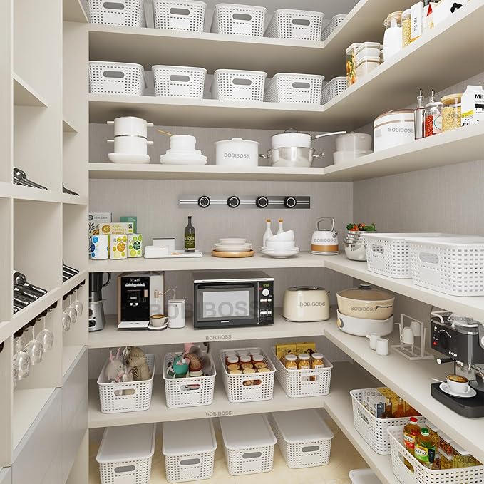 White Plastic Storage Baskets with Lids 10 Pack Stackable Storage Bins Containers for Shelves Organizing, Cute Decorative Storage Boxes for Classroom, Playroom, Closet, Pantry