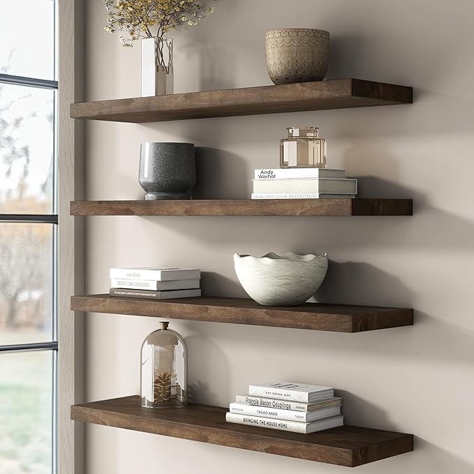 Rustic Elm Wood Floating Shelves for Wall, Flat Edge 24"W x 9.2"D x 1.4"H, Set of 2 with Invisible Bracket, Wall Mounted Storage Shelves for Living Room Bedroom Kitchen Bathroom Decor, Walnut Finish