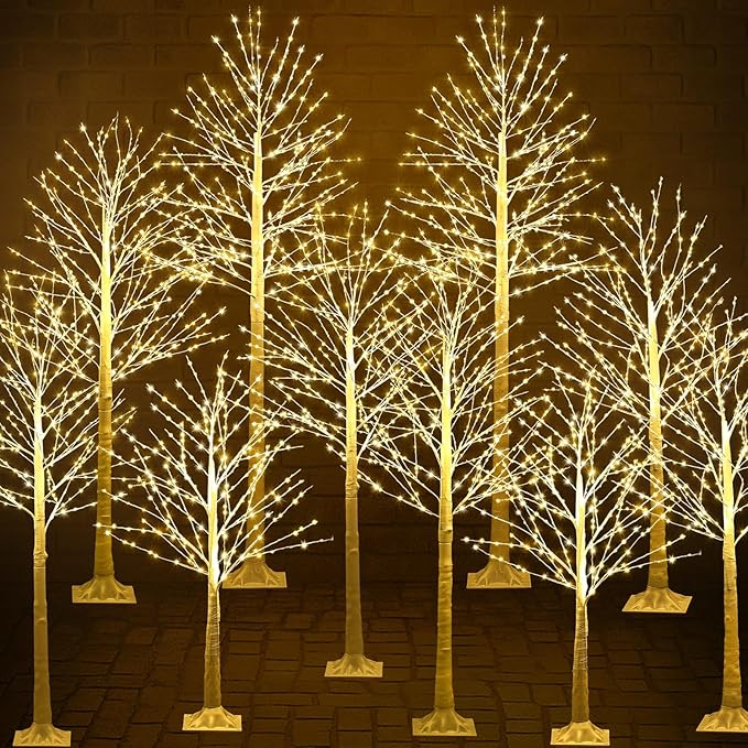 Baquler 10 Pack Lighted Birch Tree - Artificial LED Warm-White Light Birch Tree Decoration for Christmas Holiday Party Wedding Festival Decor, Indoor & Outdoor (4 5 6 7 8 ft)