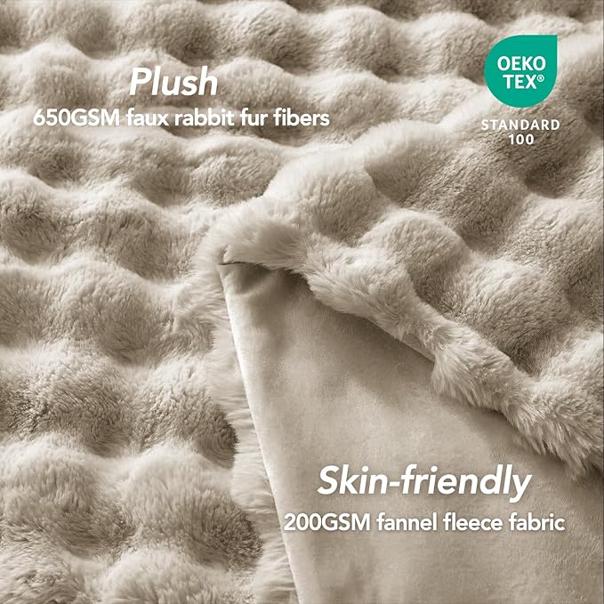 L'AGRATY Faux Rabbit Fur Blanket: 50" x 60" Luxury Soft Fluffy Thick Fur Throw Blanket for Couch Bed Sofa - Cozy Plush Bubble Blankets for Winter: Warm Flannel Fleece Decorative Blanket(Castle Grey)