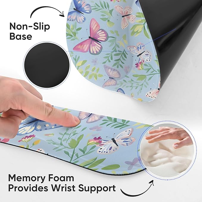 Ergonomic Keyboard Mouse Pad Wrist Rest Support Set for Laptop/Computer/Desktop,Memory Foam Hand Rest Wrist Cushion for Gaming/Office,Lightweight Comfortable & Pain Relief (Butterflies)