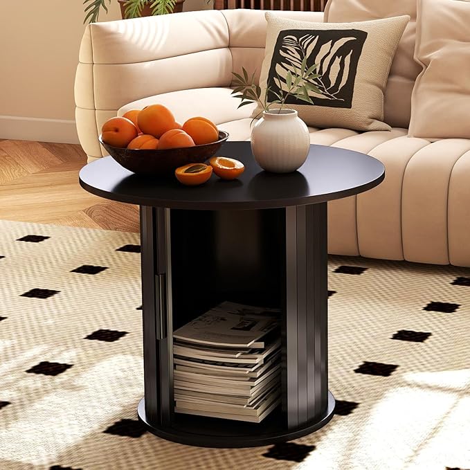 Round Wood Coffee Table 23.6IN with Hidden Storage & Sliding Door, Circle Farmhouse Side Table Sets for Living Room, Bedroom, Balcony, Small Spaces, Black