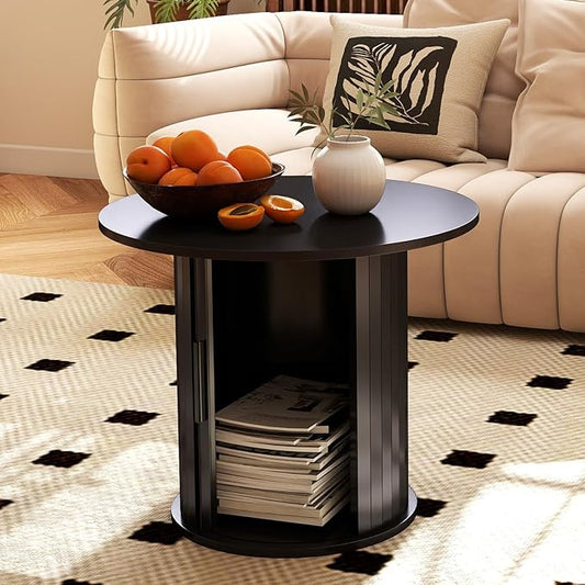 Round Wood Coffee Table 23.6IN with Hidden Storage & Sliding Door, Circle Farmhouse Side Table Sets for Living Room, Bedroom, Balcony, Small Spaces, Black
