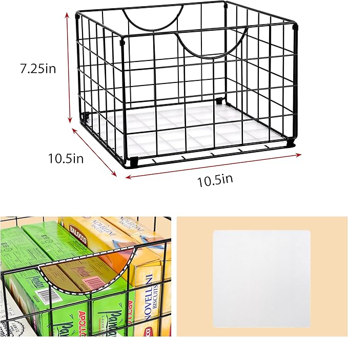 Metal Wire Basket Foldable Set of 4, Metal Bins for Organizing with PVC Sheet, 10.5x10.5in Wire Pantry Baskets Freezer Organizer Bins for Kitchen Closet Bathroom-Black