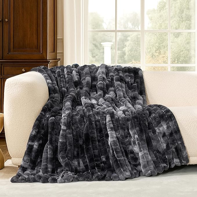 Cozy Bliss Faux Fur Throw Blanket for Couch, Cozy Warm Plush Striped Blanket for Sofa Bedroom Living Room, 108 * 90 Inches Tie-dye Black