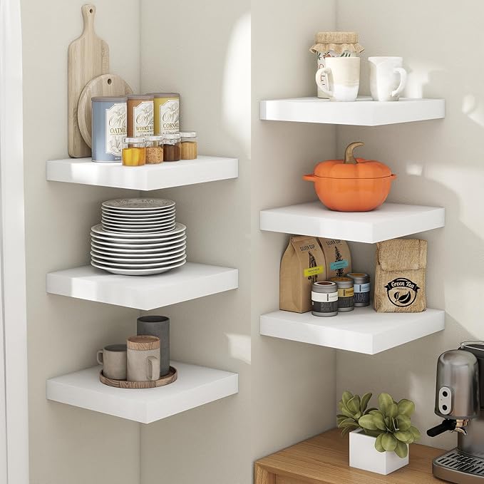 Floating Shelves for Wall with Invisible Brackets, Wall Mounted Engineered Wood Shelves with Wood Grain for Living Room, Bedroom, Bathroom, Kitchen Decor and Storage, Oak, 12"L Set of 3, White