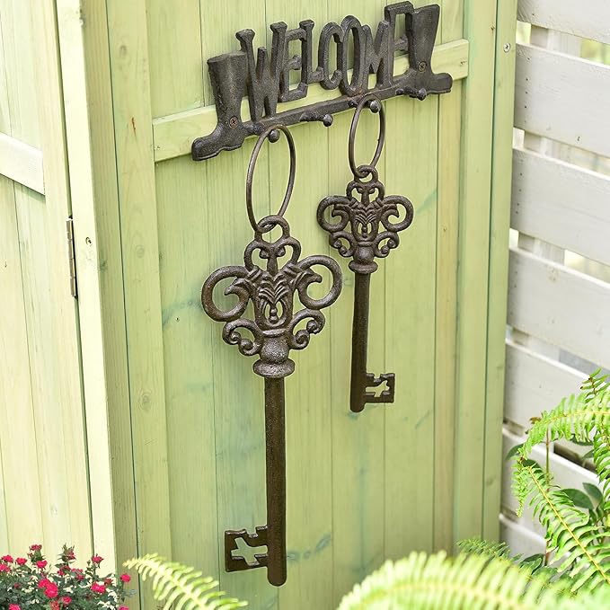 Sungmor Cast Iron Skeleton Keys, Set of 2 Large Old Fashioned, Decorative Wrought Iron Wall Art, Home Garden Farmhouse Halloween Decor, Rustic Brown