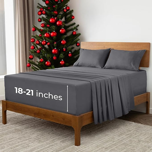 Mellanni Extra Deep Queen Sheets - 4 PC Iconic Collection Bedding - Hotel Luxury, Ultra Soft, Cooling Bed Sheets - Wrinkle, Fade, Stain Resistant (Queen, Gray)