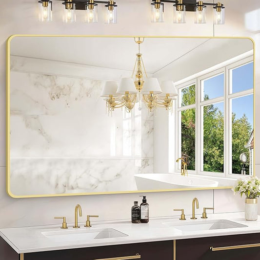 55"x36" Gold Bathroom Mirror, Large Rectangle Mirror, Rectangular Wall Mirror, Rounded Corner Vanity Mirror with Aluminum Metal Frame for Bathroom Bedroom Living Room Horizontal/Vertical