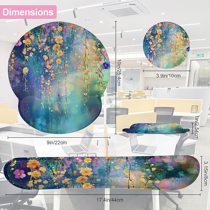 Watercolor Ivy Flower Spring Flower Mouse Pad with Wrist Rest and Keyboard Wrist Rest Set, Non-Slip Rubber Base Memory Foam Mouse Pad Set for Women, Office Desk Accessories, Gaming