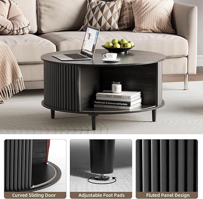 Round Coffee Table with Storage, 31.5" Center Table with Sliding Door,Fluted Small Coffee Table for Living Room,Black